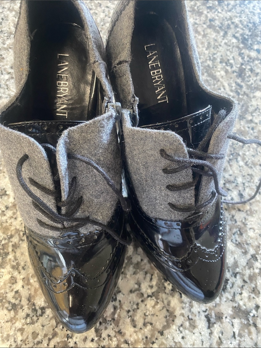 Lane Bryant Black Patent and Gray Wool Lace-Up Brogues